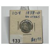 1838-O No Stars Seated Dime Graded G