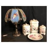 Hummingbird porcelain canisters, lamp, and plate.