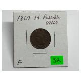 1869 Indian Head Cent Better Date F