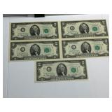 5 1976 $2 Notes Consecutive Serials