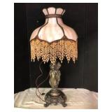 Figural Table Lamp Slag Glass Beaded Shade