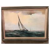 Signed Sailboat Seascape Oil Painting