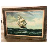 Signed Clipper Ship Seascape Oil Painting