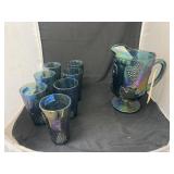 Carnival Glass Pitcher & 7 Glasses