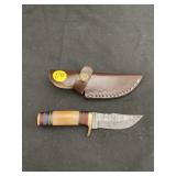 Handmade Damascus Steel Knife In Leather Sheath