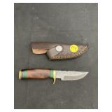 Handmade Damascus Steel Knife In Leather Sheath