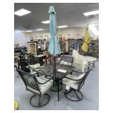 Glass Topped Patio Table w/Umbrella & 4 Chairs