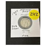 1924-D Mercury Dime 90% Silver Fine
