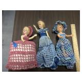 3 Dolls w/Crocheted Dresses