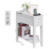 Lusuowlz End Table with Charging Station, White