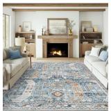 9x12 Washable Rug in Blue/Gold Abstract Pattern