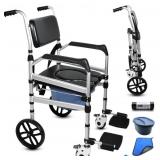 Folding Bedside Commode With Wheels - Padded Showe