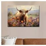Wall Art Highlander Cow Meadow Flowers - Approx 24