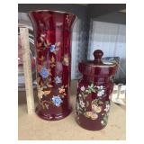 Italy Red Glass Vase & Jar w/Lid - Hand Painted