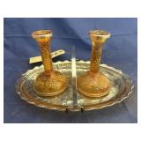 3 Pcs - 2 Candle Holders & Glass Tray