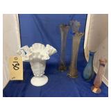 Milk Glass Vase & 6 Glass Vases