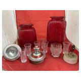 2 - Red Glass Canisters w/Lids