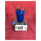 Cigar Box w/Pencils & Plastic Cup w/Pencils