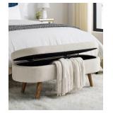 Ovel Storage Bench, Beige Linen Upholstered Wood L