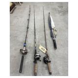 Umbrella & 3 Fishing Rods & Reels