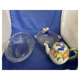 3 Pcs - Glass Serving Bowls & Decorative Teapot