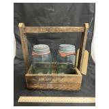 Wood Basket w/2 Vintage Canning Jars