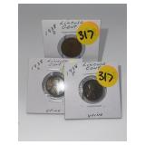 3 - 1938 P-D-S Lincoln Cents All Very Fine