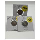 3 - Indian Head Cents 1906-1907 & 1908 All Fine