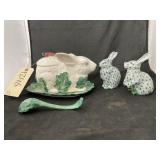 Rabbit Soup Dish w/Lid & Figurines