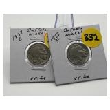 2 - Buffalo Nickels 1937 P-D Both Very Fine
