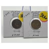 2 - Indian Head Pennies 1903 & 1904 Fine