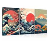 3PCS Japanese Wall Canvas Art (Giant Waves, Cherry