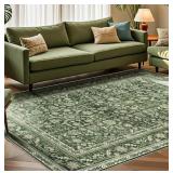 Area Rug, 10x14 Ft. - Cream/Green - Retro, Non-Sli