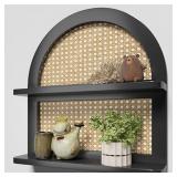 2  Tier Arched Wood Boho Rattan Wall Shelf - Black