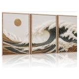 3 Pc Japanese Wave Canvas Wall Art, Framed - Each