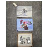 Framed Pic & 2 Painted Canvasses