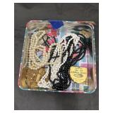 Tin w/Beaded Necklaces & Vintage Tape Measure