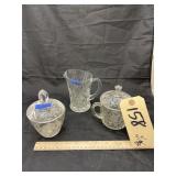 2 Glass Candy Dishes w/Lid & Small Glass Pitcher