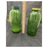 2 - Green Glass Jars w/Lids
