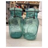 2 Blue Ball Jars / Glass Lids & Handles