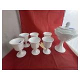 7 Pcs - Milk Glass Cups & Pedestal Dish w/Lid