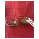 2 - Green Glass Bowl & Pedestal Dish w/Lid