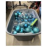 Blue Christmas Ornaments in Plastic Bin