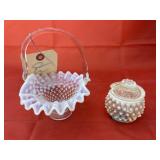 Fenton Clear Hobnail Mustard Jar w/Lid & Basket
