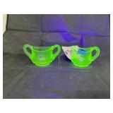 2 Pcs - Green Depression Glass Creamer & Sugar