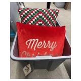 Christmas Pillows in Plastic bin w/lid