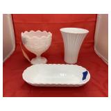 Milk Glass Tray - Pedestal Dish - Vase