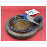 Glass Ash Tray on Wooden Base