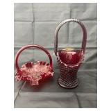 Fenton Red Basket & Westmoreland Handled Basket