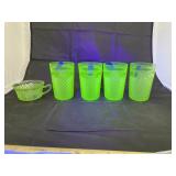 5 Pcs - Green Depression Glass Bowl & Glasses